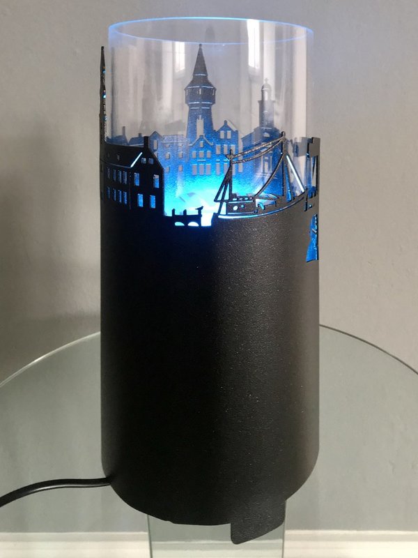 HUSUM Tischlampe mit Skyline , schwarz   ,inkl. LED Flammenlampe oder RGBW Farbwechsel