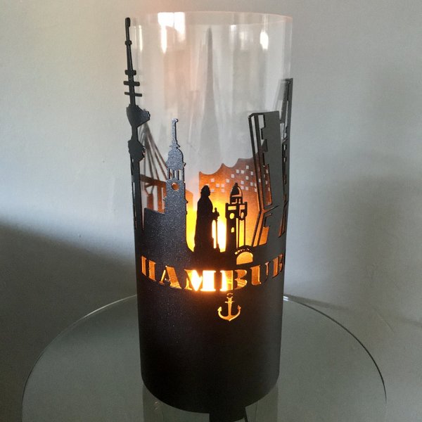 HAMBURG Tischlampe  mit Skyline  , schwarz ,inkl. LED Flammenlampe oder RGBW Farbwechsel