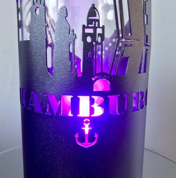 HAMBURG Tischlampe mit Skyline  ,FARBE NACH WAHL ,inkl. LED Flammenlampe oder RGBW Farbwechsel