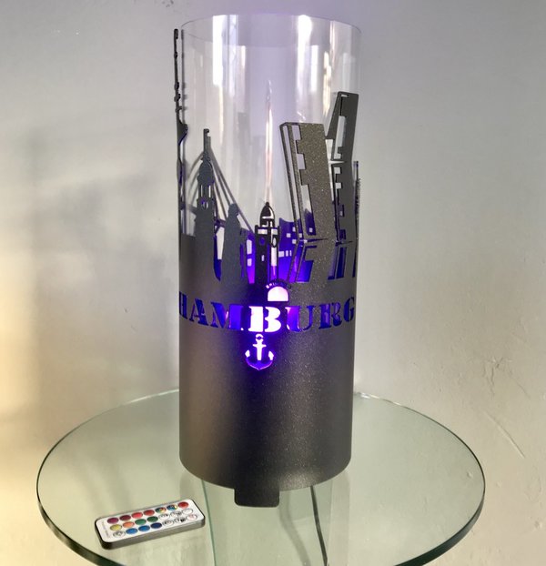 HAMBURG Tischlampe mit Skyline  ,FARBE NACH WAHL ,inkl. LED Flammenlampe oder RGBW Farbwechsel